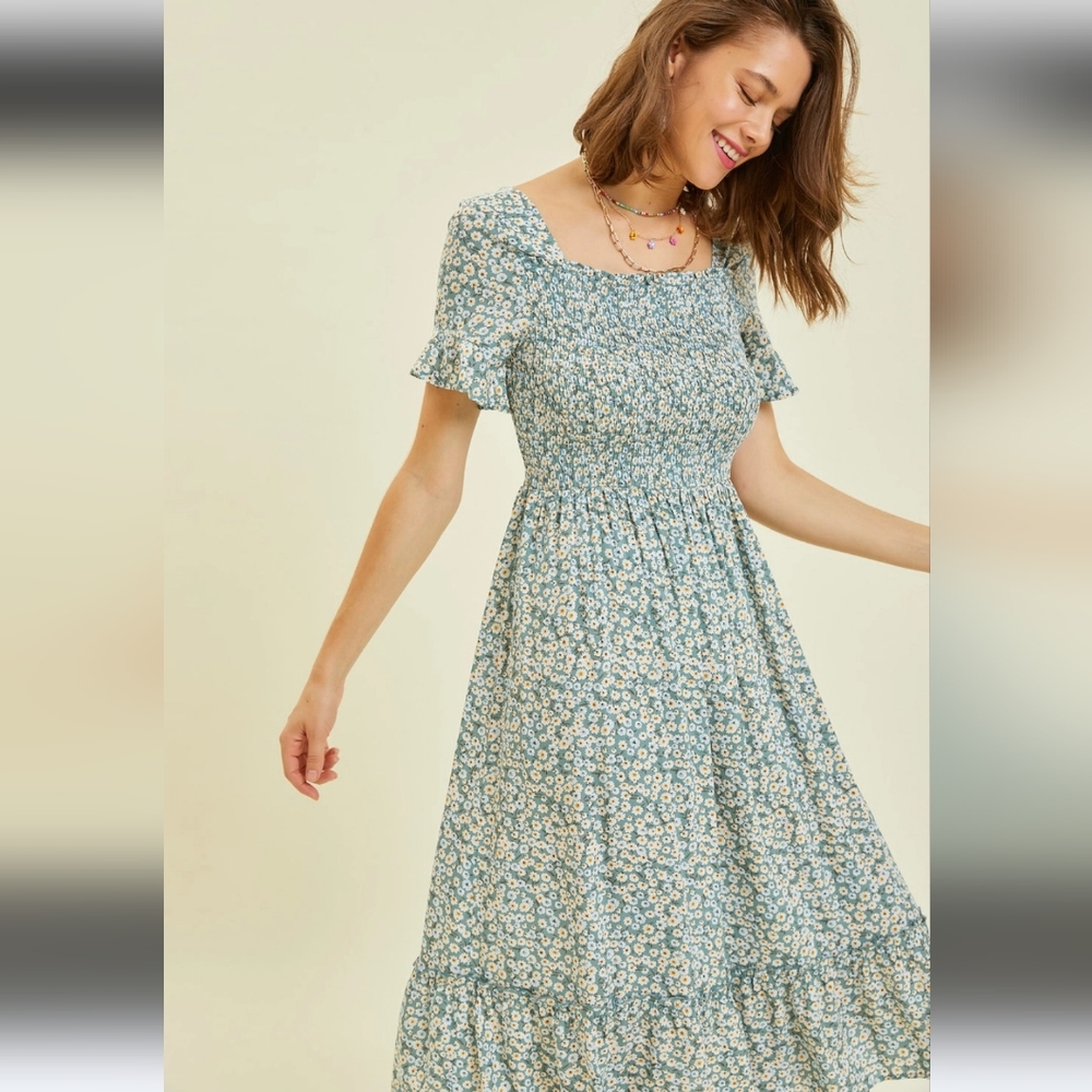 Floral Midi Dress with Ruffled Sleeves